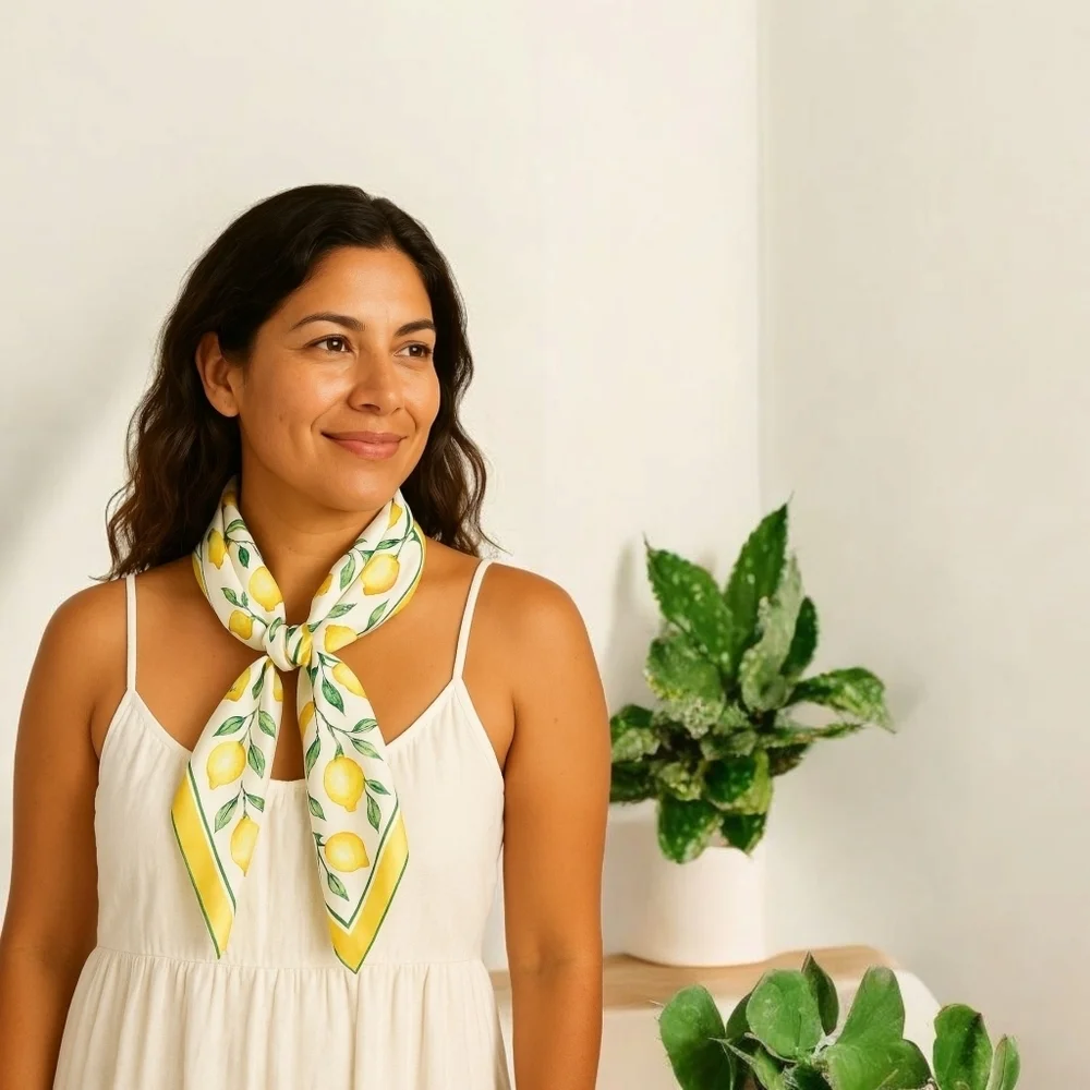 New! Chic Yellow Lemon Print Scarf – Lightweight & Stylish Square Wrap